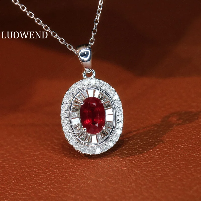 

LUOWEND 18K White Gold Necklace Classic Oval Design Real Natural Diamond Natural Ruby Necklace for Women High Wedding Jewelry