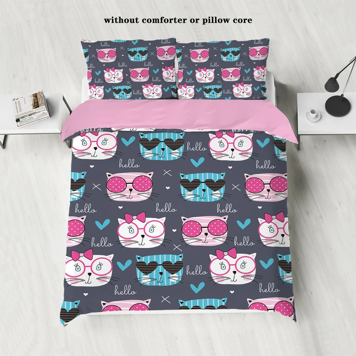 3 pieces of down set with gray cat print pattern (1 down duvet cover+2 pillowcases, no core), comfortable bedroom bedding