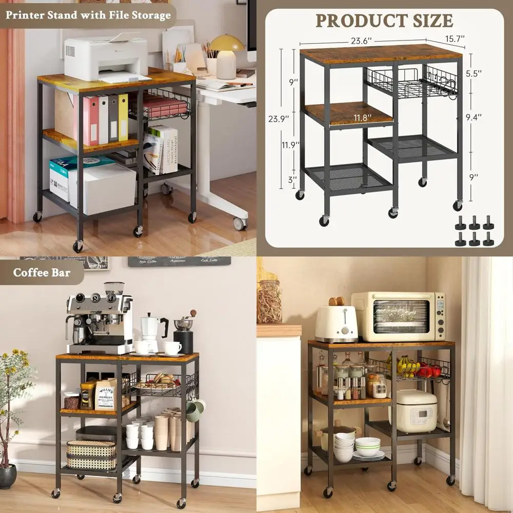4-Tier Mobile Kitchen Cart with Adjustable Stand, Storage, and Wheels for Microwaves, Baker's Rack, Coffee Cart Use in Kitchen,