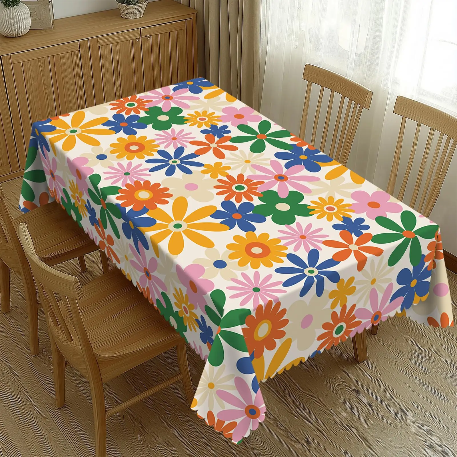 Groovy Floral Tablecloth, Bright Colorful Daisy Flower Table Cover for Home Decor & Picnic