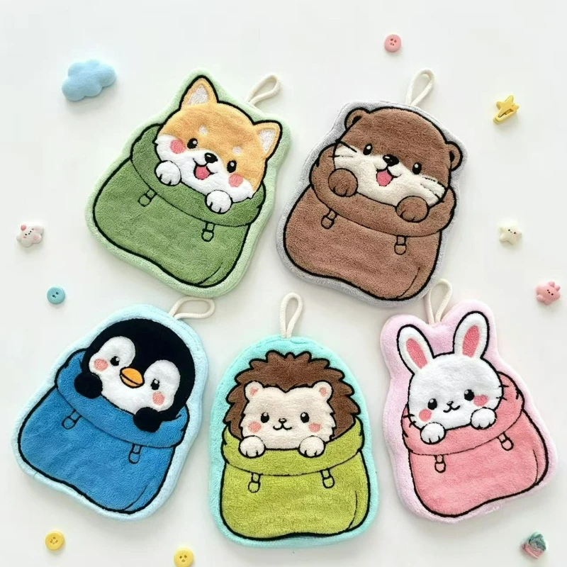 Cute Hand Towel Quick Drying Kitchen Cleaning Rag Coral Velvet Cartoon Animal Absorbent Bathroom Hanging Towel Home Supplie