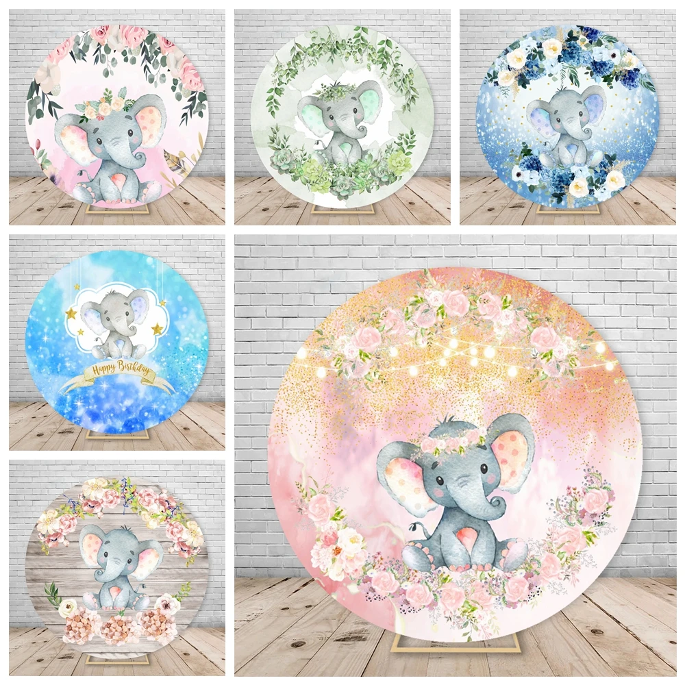 

Round Backdrop for Cute Elephant Baby Shower Circle Photography Background Flowers Child Kids Birthday Party Decor Photo Props