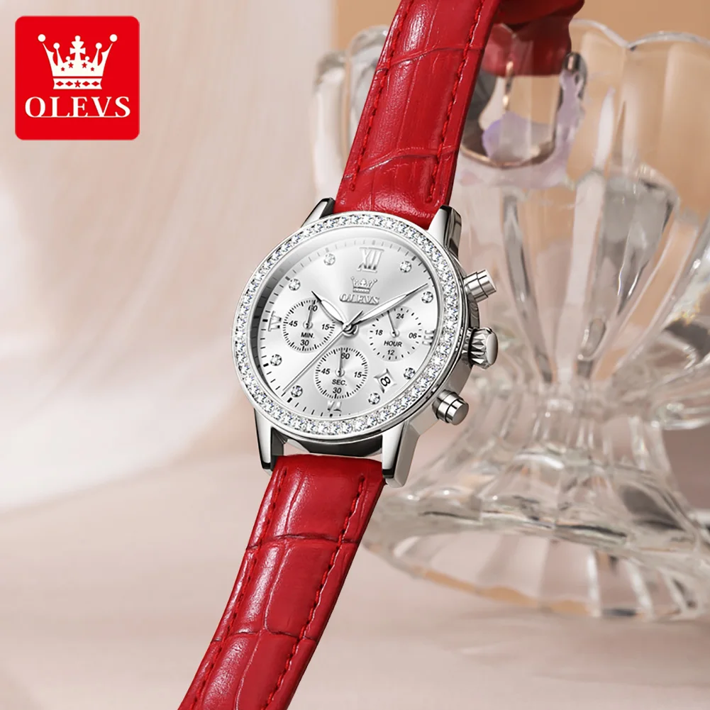OLEVS 9933 Quartz Watch for Women Date Waterproof Luminous Leather Strap Chronograph Original Women’s Wristwatch