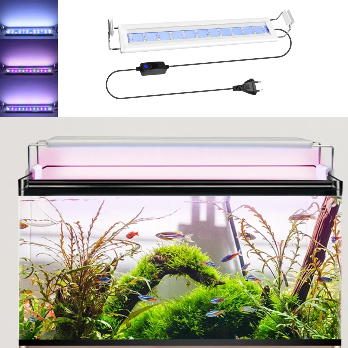 Tubo de luz LED para pecera de 220V, lámpara de aleación de aluminio con Clips extensibles, interruptor de 3 modos, azul + blanco + rojo + verde para plantas de acuario