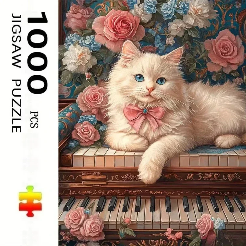Jigsaw Puzzle 1000 Pieces Cat Piano Flower Painting Paper Puzzle for Adults,  Relaxing Game, Christmas & Birthday Gift