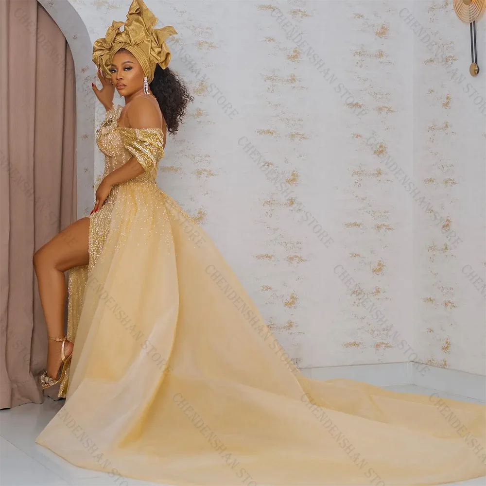 Vestidos de Noche africanos con cuentas de encaje dorado de lujo con tren desmontable vestido de recepción de boda nigeriano hecho a mano con flores 3D