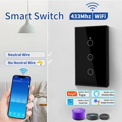 1/2/3/4Gang Tuya Smart WiFi Switch RF 433MHz US Wall Panel Touch Switch APP Remote Alexa Google Home Voice Control Neutral Wire