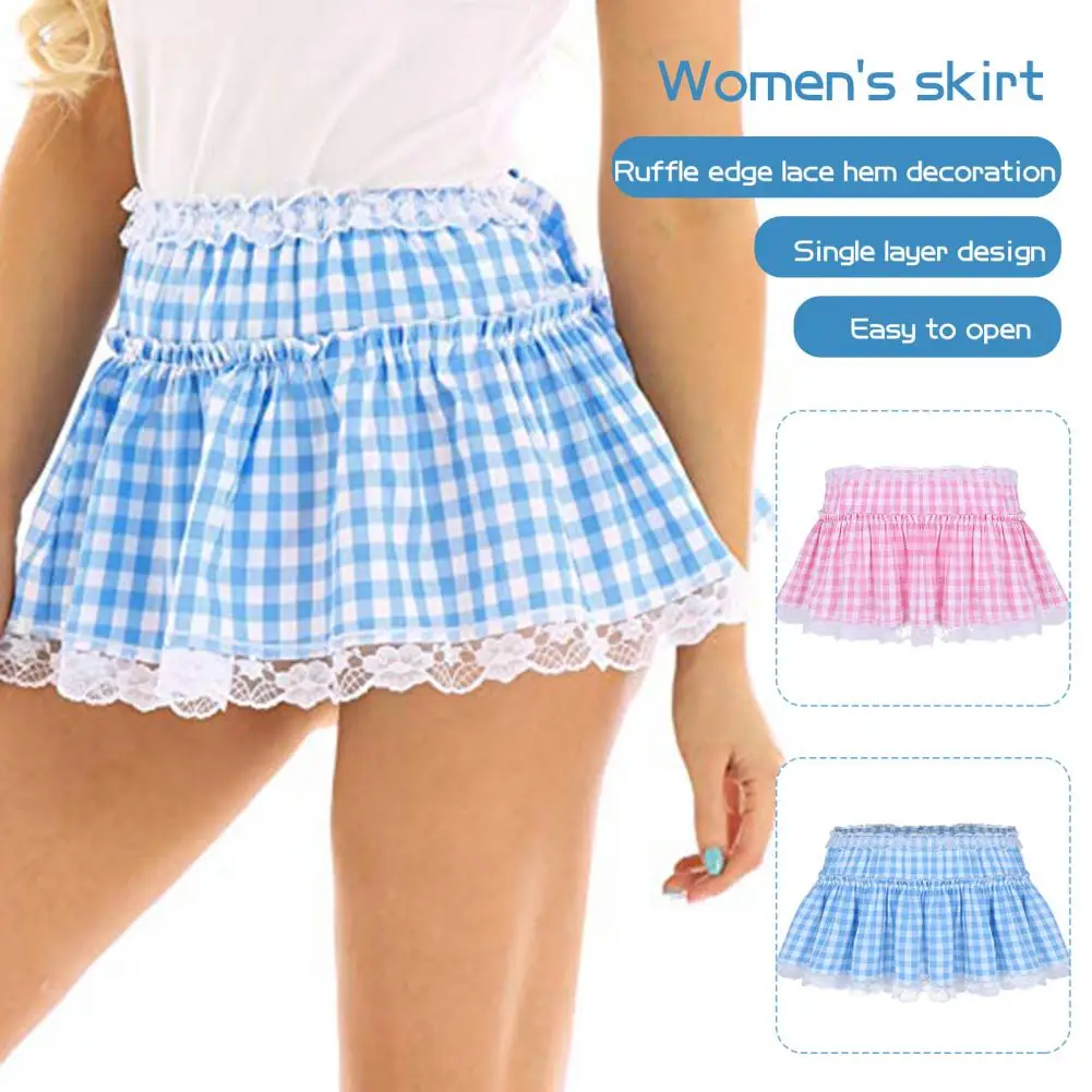 Female Plaid Mini Skirt Student Underwear Mini Skirt Plaid Print Lace Stitching Ruffle Mini Skirt for Halloween Cosplay