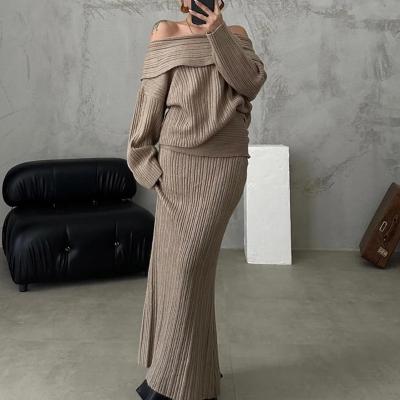 Elegant Long Sleeved Slim Knitted Suit 2024 Autumn Winter Warm Women Outfit Casual Off Shoulder Sweater Top + Skirt 2 Piece Set