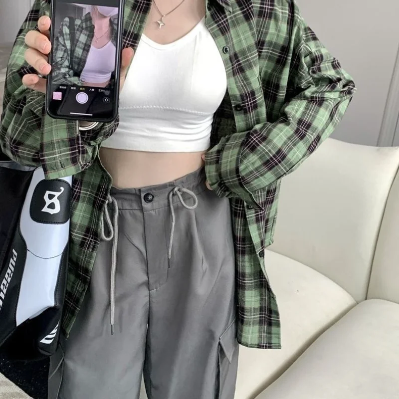 Karierte Hemdjacke mit POLO-Kragen, neues mittellanges Langarm-Oberteil für Damen