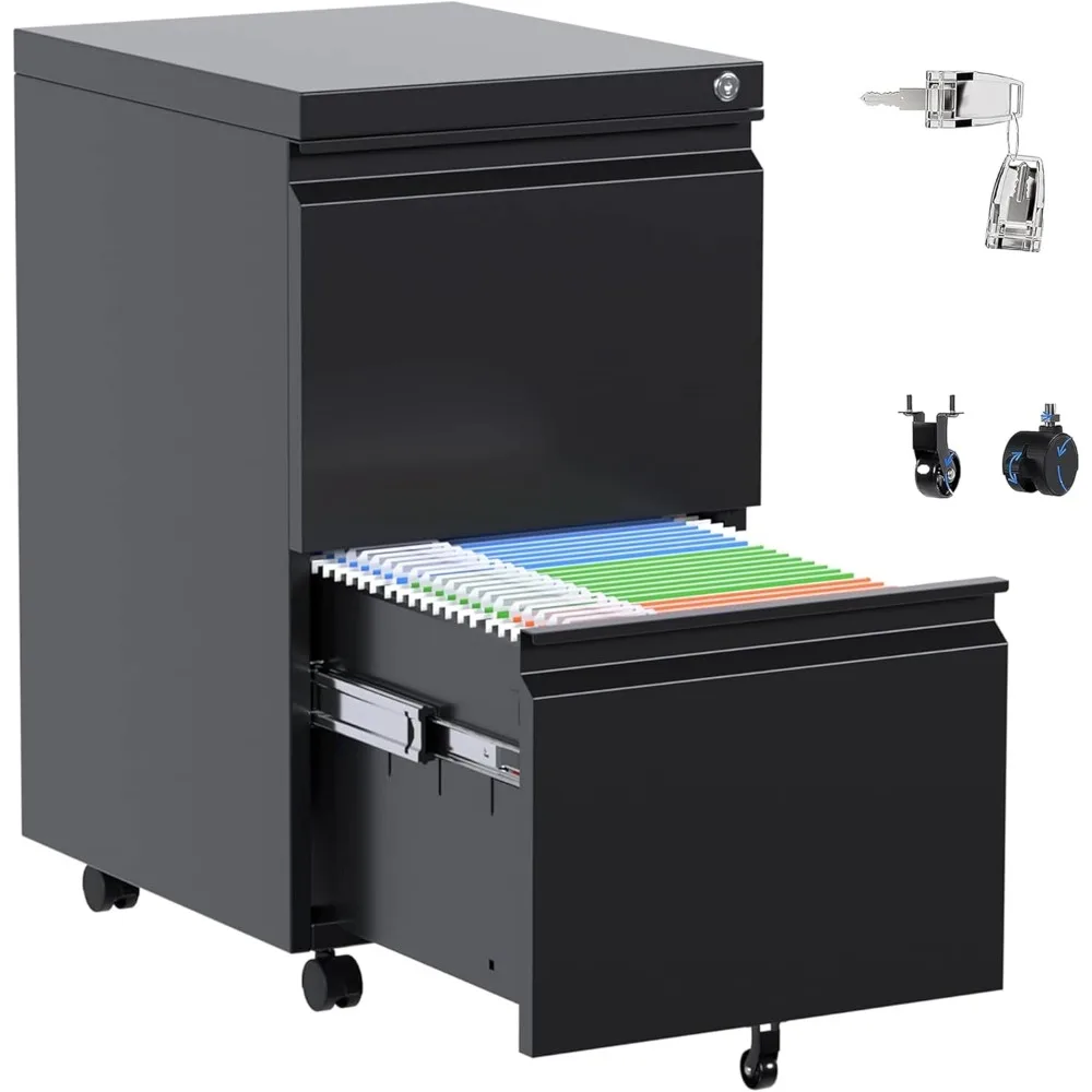 Metal 2 Drawer Mobile File Cabinet with Lock, Under Desk Office Steel Filing Cabinet, 25.6''H Legal/Letter Size, Black, F