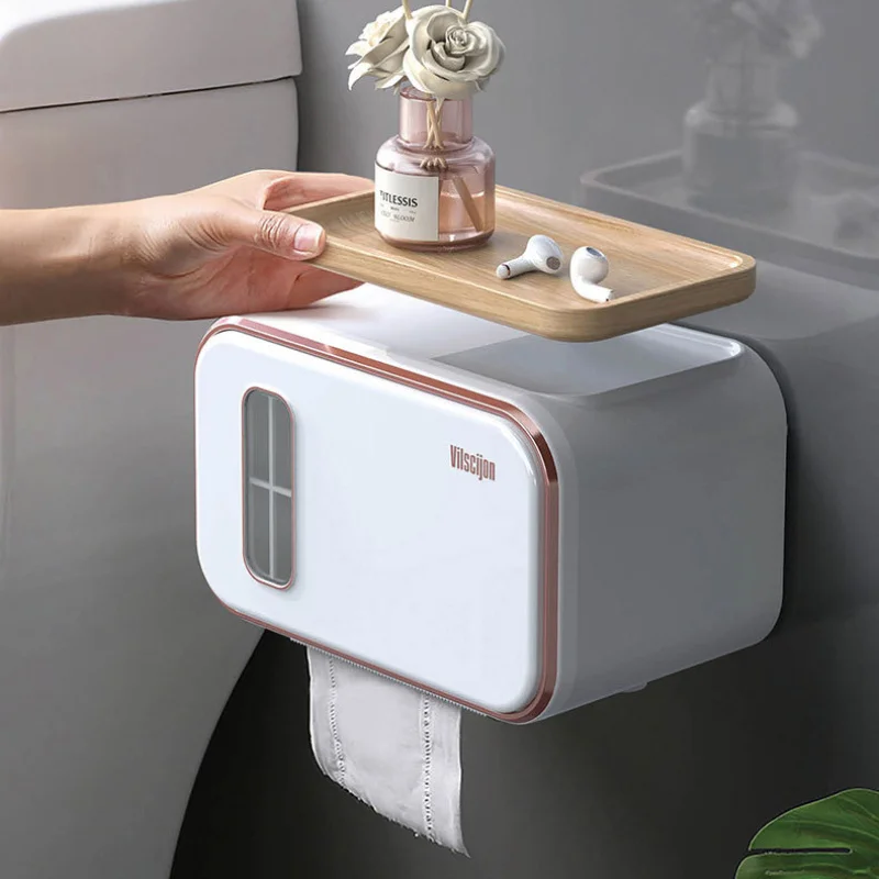 Portarrollos de papel higiénico de plástico, caja de pañuelos de baño montada en la pared, sin perforaciones, accesorios de almacenamiento impermeables para el hogar, 1 unidad