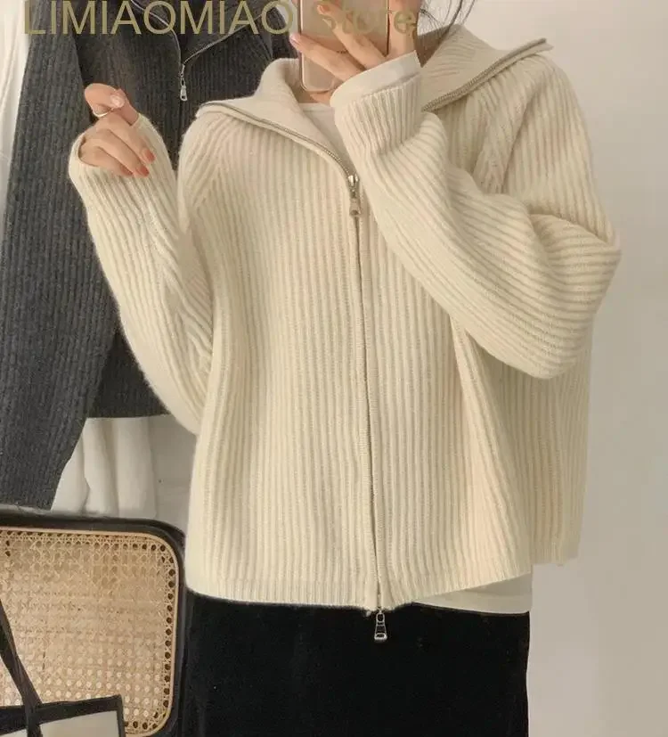 Nueva moda, suéteres para mujer, Otoño Invierno, cárdigan liso con solapa, Top de punto para mujer, suéter corto, abrigo, ropa de mujer, prendas de punto