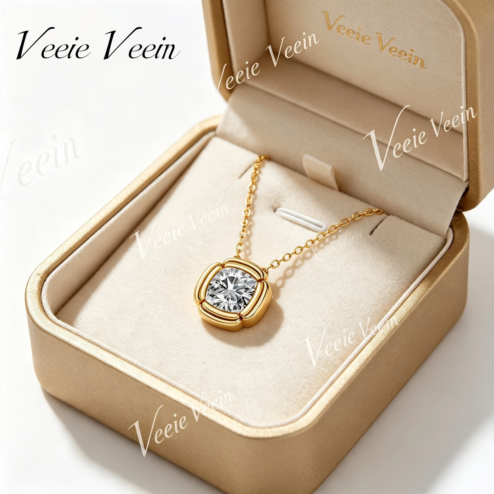 Veeie Veein Fashion Light Moissanite Pendant Necklace For Women 1/2/3 Carat S925 Sterling Silver Plated With 18k Gold Clavicle
