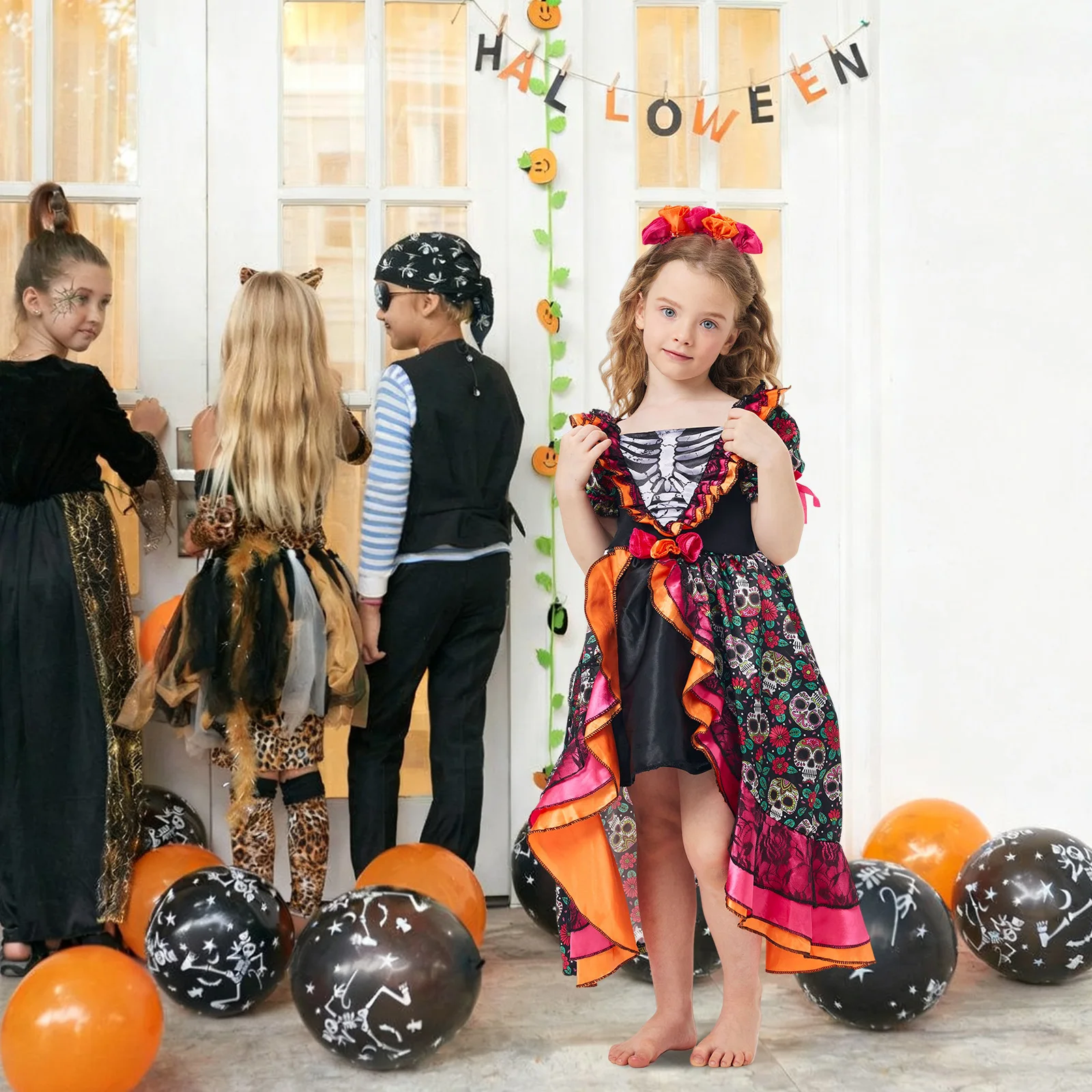 Day Of The Dead Costume Girls Day Of The Dead Dress with Flower Headpiece Halloween Skull Outfit