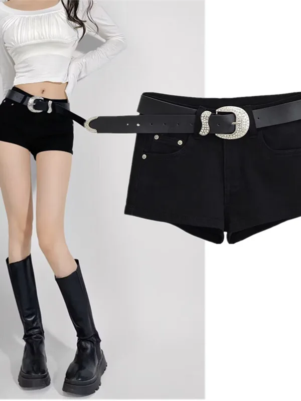 미국 스타일 섹시 로우 웨이스트 엘라스틱 데님 반바지 여성용 레트로 타이트 힙 핫팬츠 벨트 포함 트렌디 여름 패션