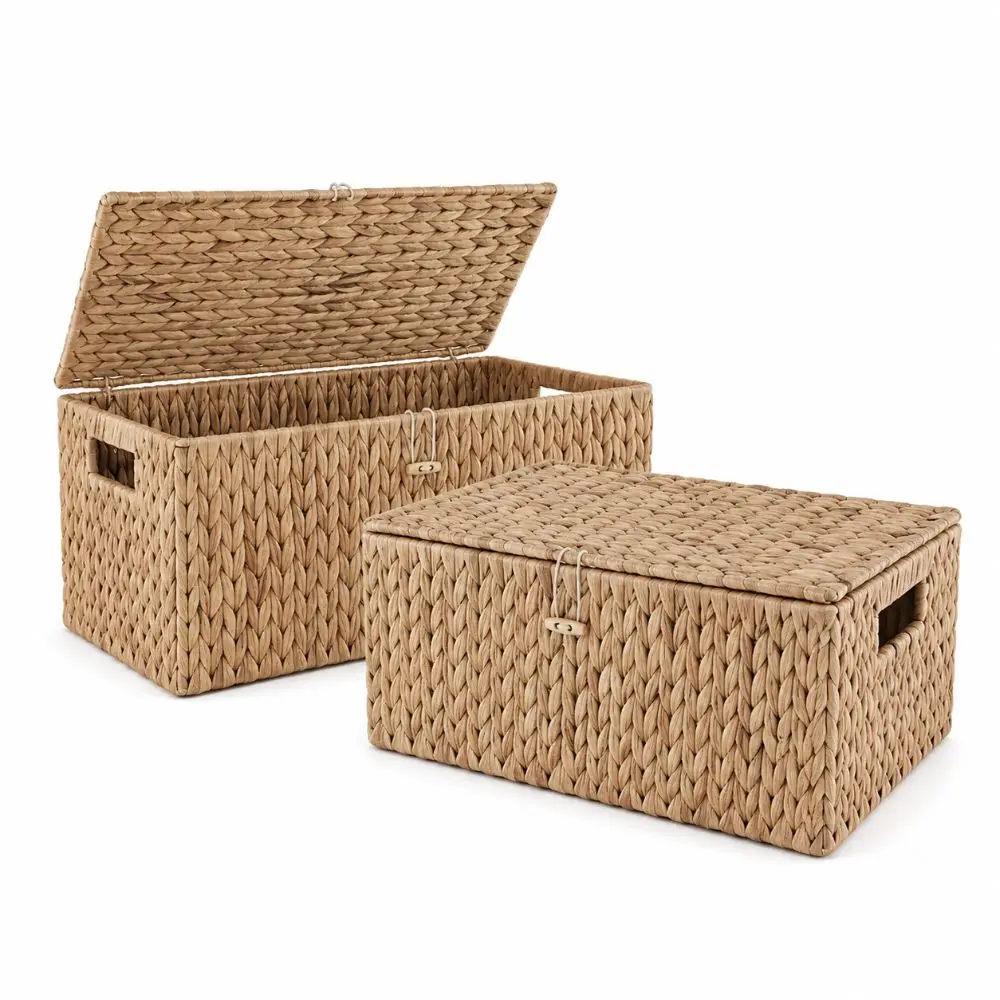 Water Hyacinth Wicker Storage Basket Built-In Handle Rectangular Organizer Bin Iron Frame Button Closure Lidded Storage Basket