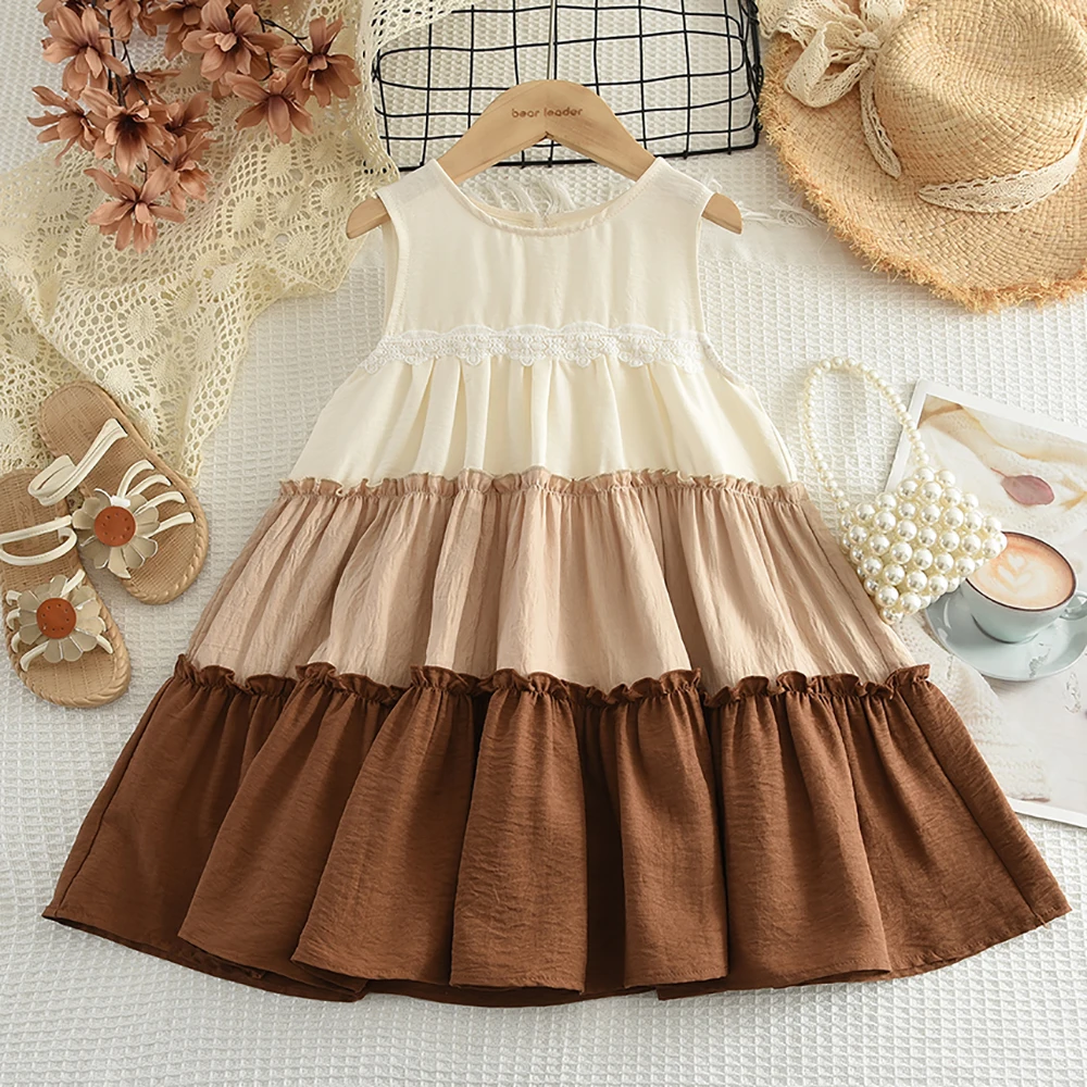 Summer New Korean Version Daily Girls 1-7 Years Old Fashionable Casual Gradient Color Round Neck Sleeveless splice Dress