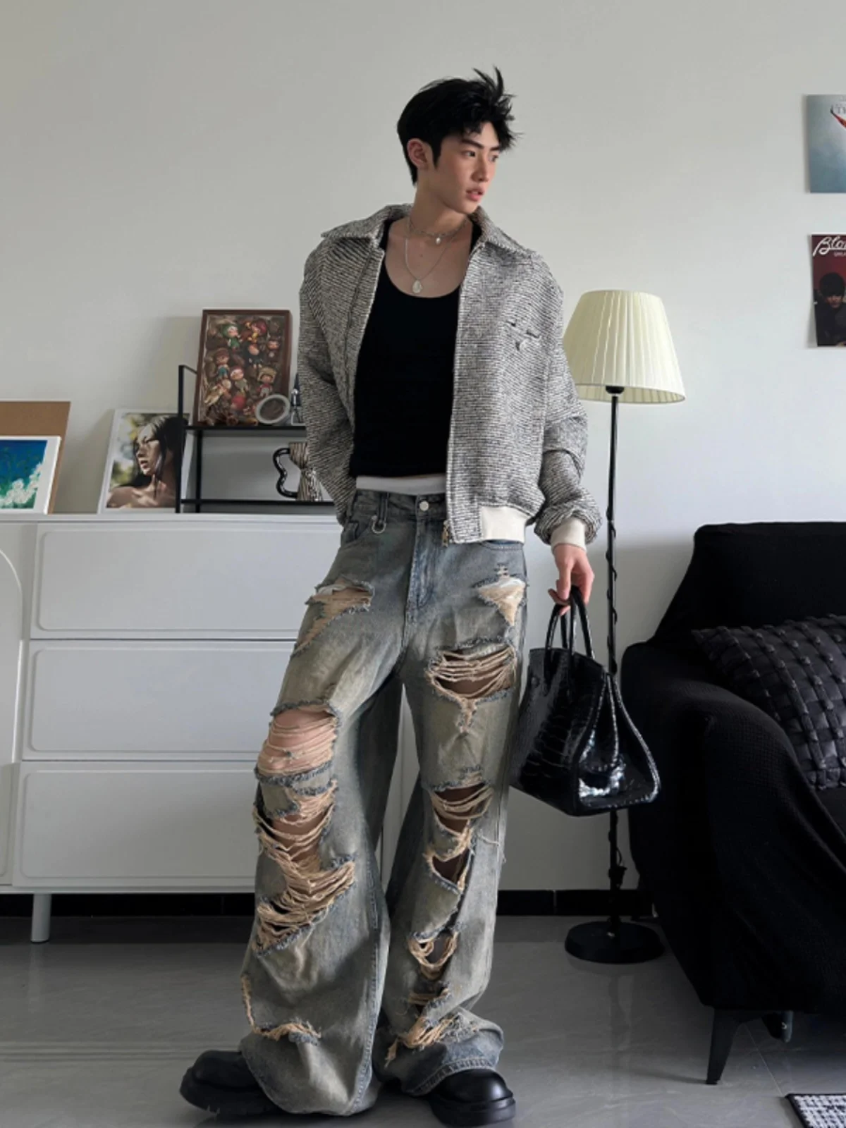 

Rustic Yellow Mud Hole Punching Jeans Men's Summer Trendy Brand Handsome Streetwear Wide Leg American Style Poor Boy Pants