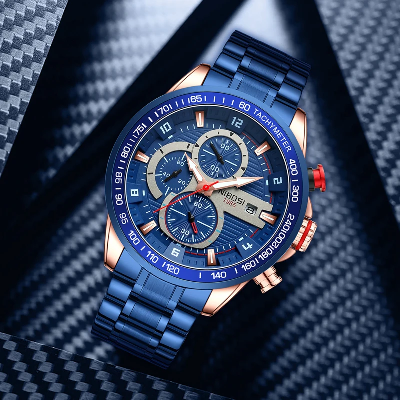 NIBOSI jam tangan kuarsa biru untuk pria, arloji mewah merek terbaik baja tahan karat tahan air olahraga Chronograph mode baru