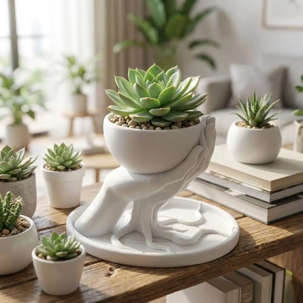 3D Printed Tree Hand Shape Succulent Pot Unique Marble Texture Hand Held Flowerpot Plastic Decorative Keys Storage Bowl Indoor