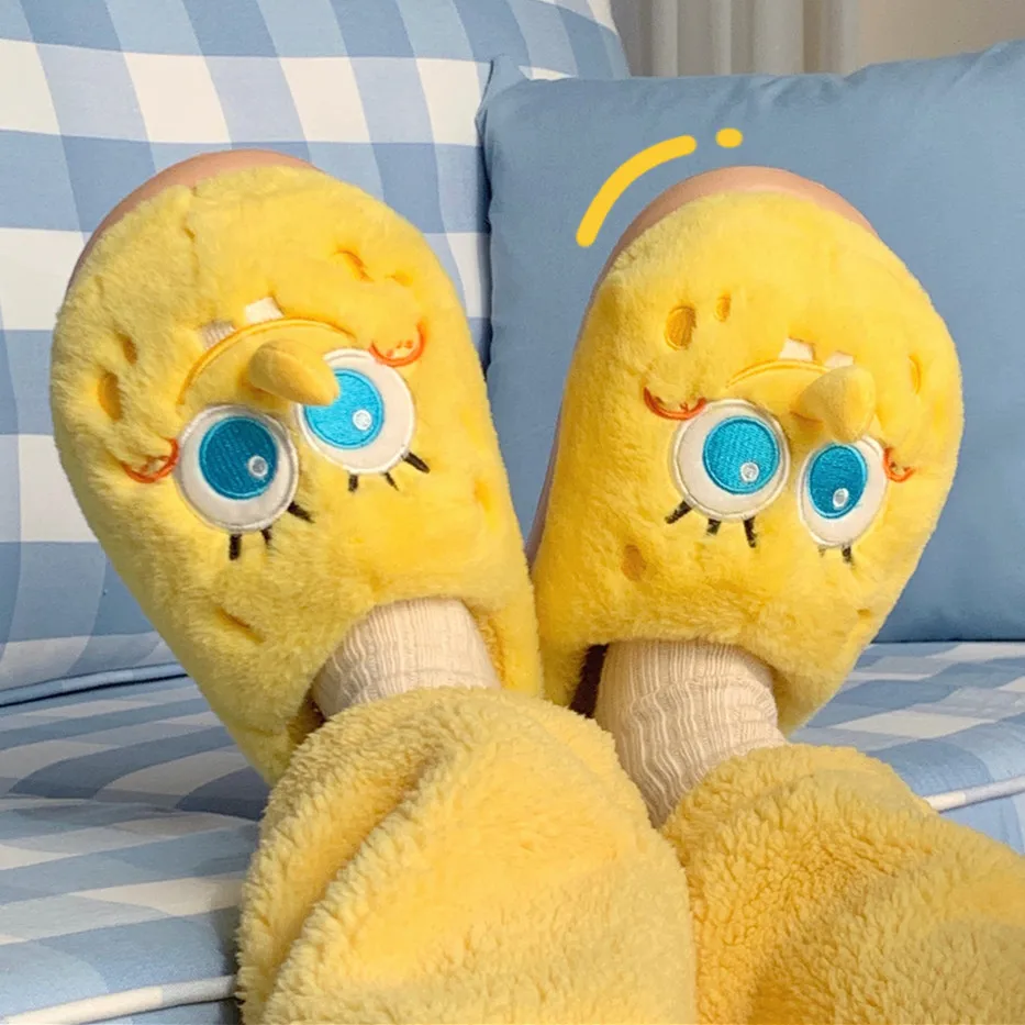 

New Kawaii Spongebob Slippers Shoes Adult Couple Plush Cartoon Winter Warm Anti Slip Winter Slippers Anime merchandise Gifts