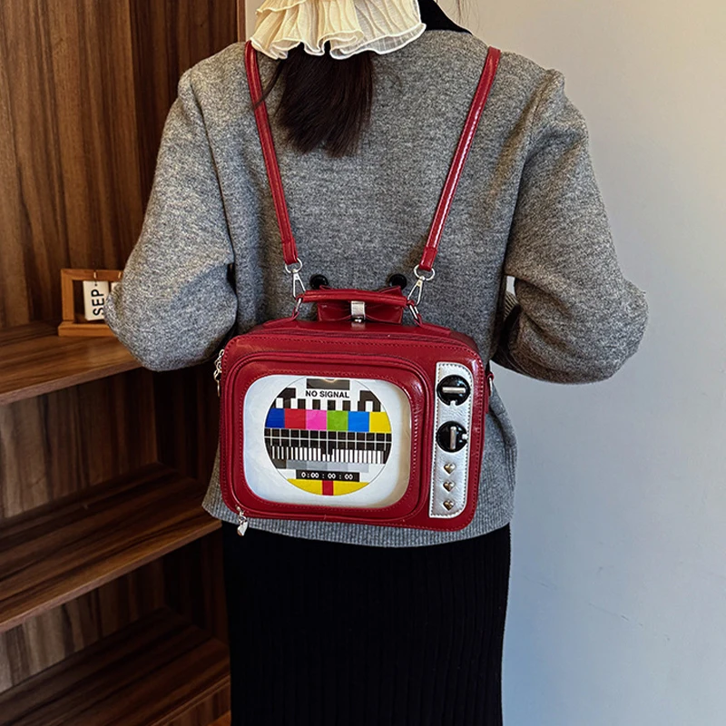 

Large TV Shape Ita Bag Retro Style Women's Shoulder Backpack Leather Handbag Cartoon Square Design Personalized Square Bag