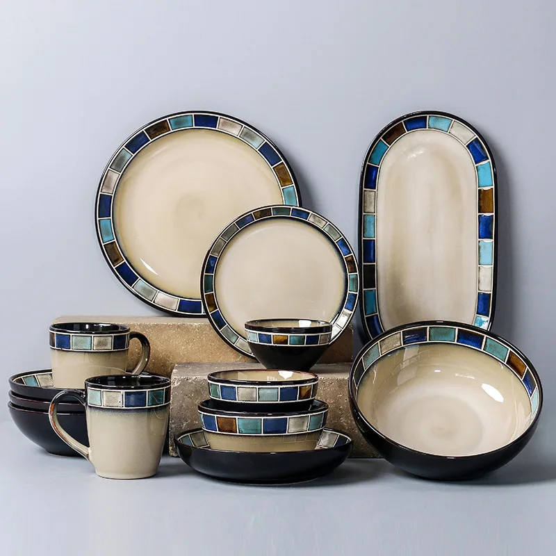 American Ceramic Plate Set Retro Steak Pasta Dish Bowl Deep Plate Home Dining Tableware