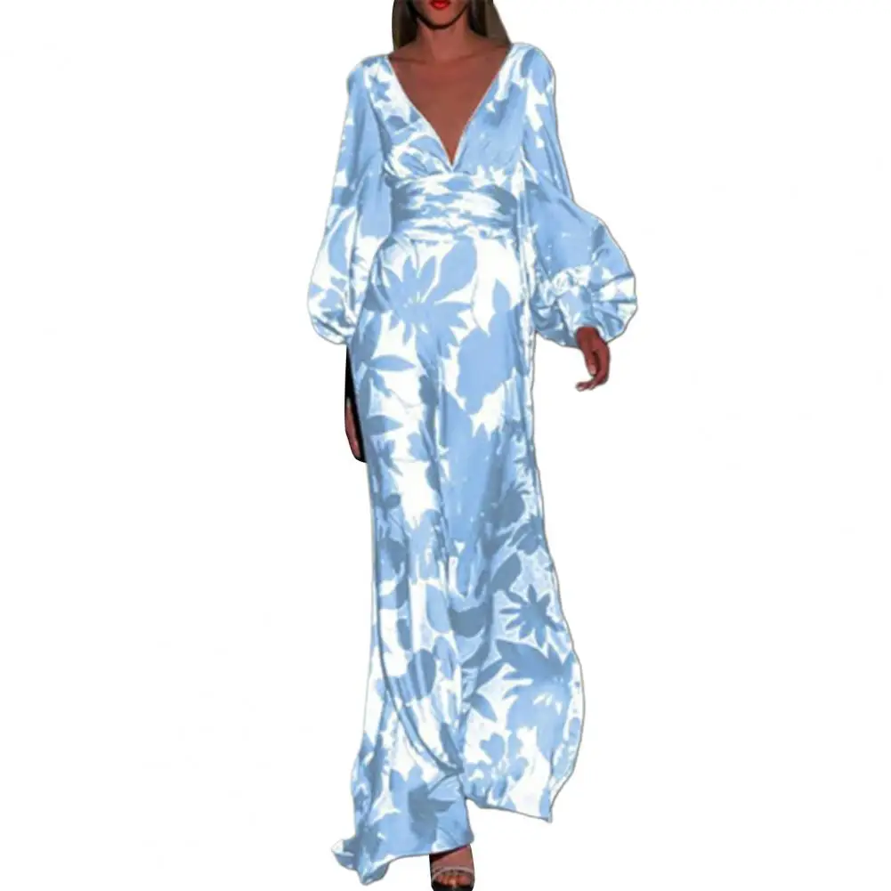 

A-line Fall Dress Ladies Maxi Dress Floral Print Maxi Dress with Lantern Sleeves V-neck High Waist for Prom Banquet Cocktail