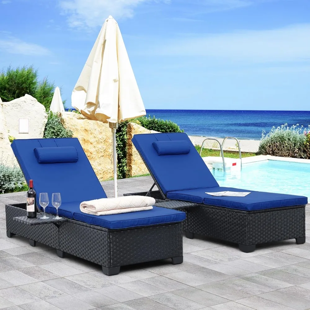 

Outdoor Chaise Lounge Chair PE Wicker Patio Furniture Set of 2 Black Rattan Pool Lounge Chairs Adjustable Backrest Recliners wi