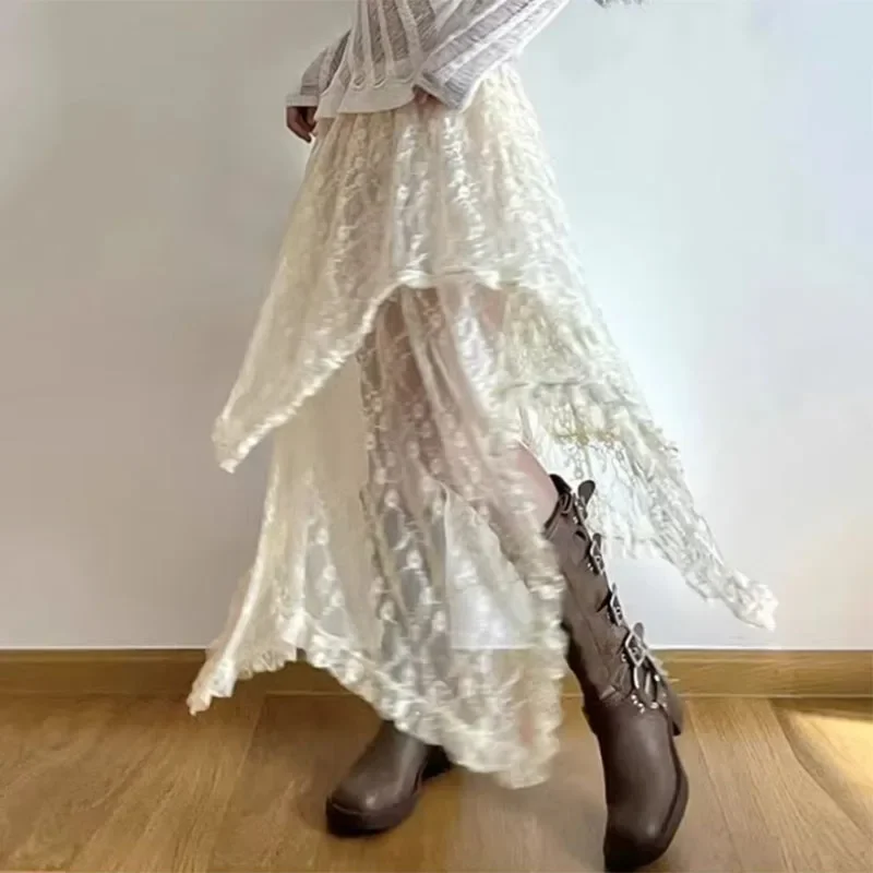 Lucyever Y2K Vintage Boho Aesthetic Long Skirts Women High Waist Lace Asymmetrical Midi Skirt Female Holiday Beach A-Line Skirt