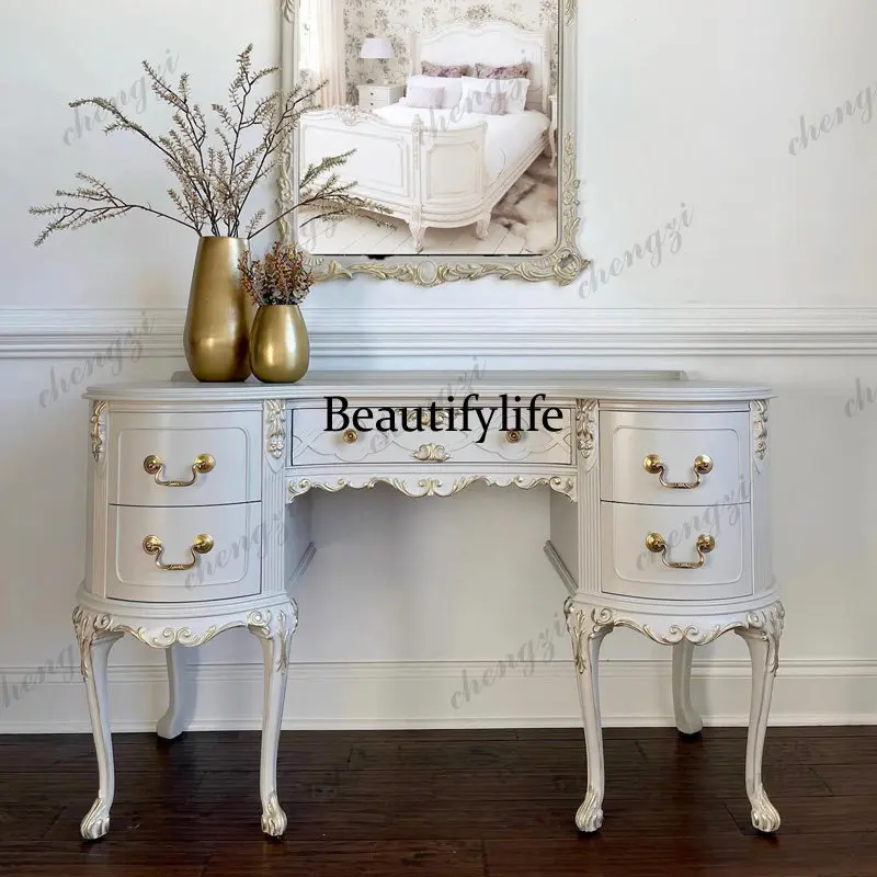 

French solid wood carving flower dresser villa bedroom makeup table American retro, multi-functional table