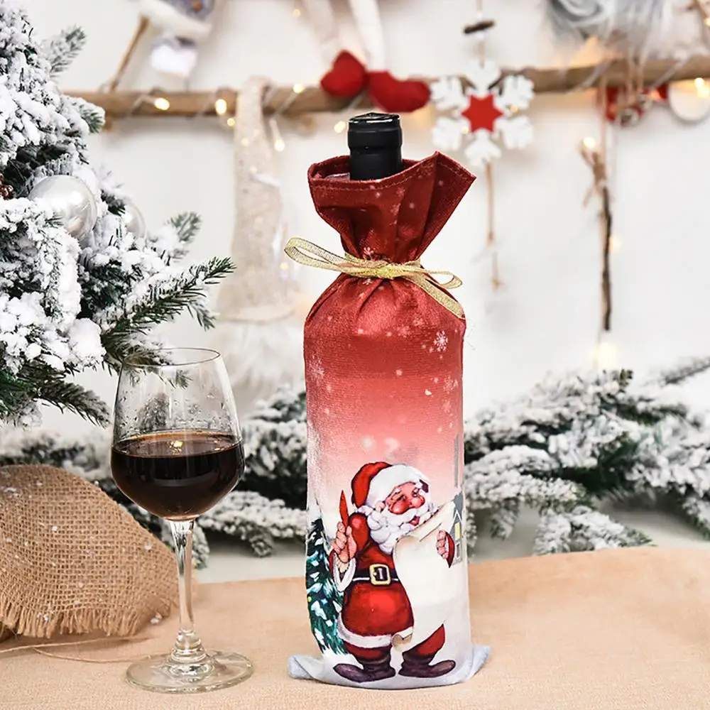 Wine Bottle Cover Christmas Santa Snowman Elk Drawstring Candy Bag Party Decor