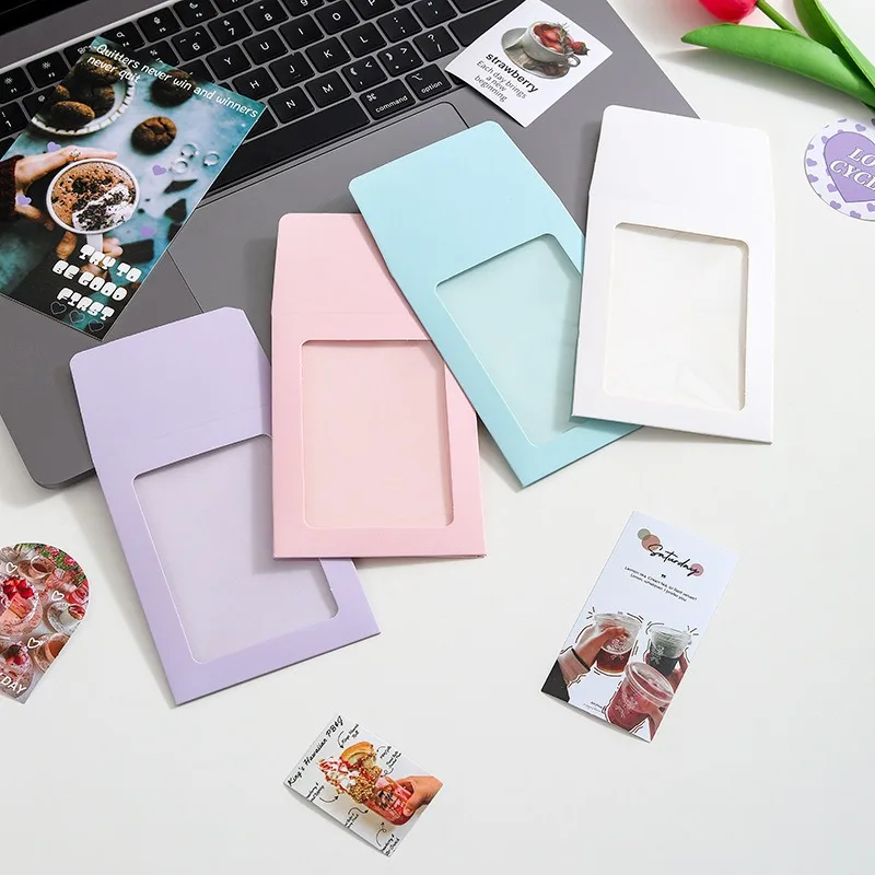 100Pcs Mini Paper Envelope with Transparent Window Pink/Blue Kraft Envelopes Photo Display Envelope Stationery Supplies 8.5x11cm