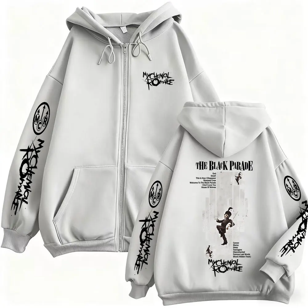 سترة بانك إيمو روك ماي كيميكال رومانس ذا بلاك باريد بغطاء للرأس بسحاب للرجال والنساء كاجوال كلاسيكية كبيرة الحجم بسحاب