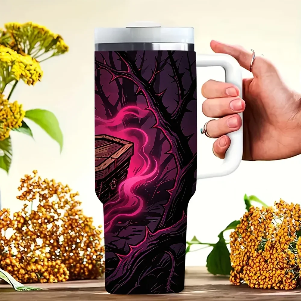 40Oz Tumbler with Handle, Spooky Bat Coffin Halloween Print, Suitable for Halloween Lovers, Fits Both Cold And Hot Drinks, Ideal for Daily Use And Outdoor Activities in Halloween Season