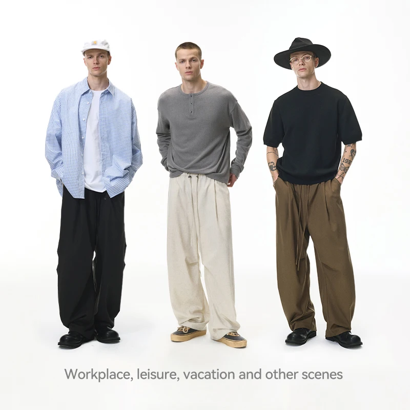 INFLATION Pantaloni a gamba larga in lino da uomo 2025 Pantaloni casual americani autunnali Pantaloni alla moda in tinta unita con vestibilità rilassata