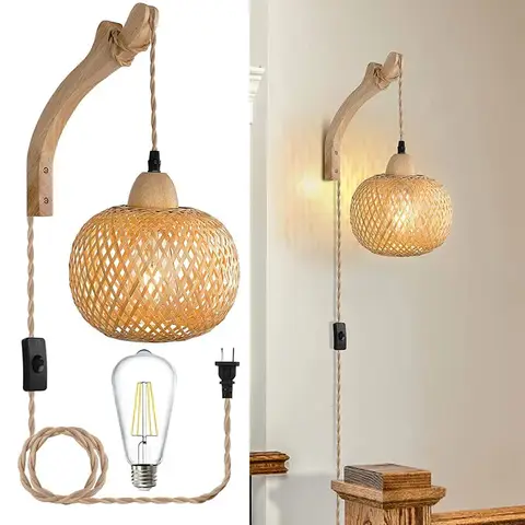 Lámpara de pared con farol de bambú, candelabros E27 de mimbre Natural, pantallas de decoración para habitación de bambú tejidas a mano, accesorios de iluminación de pared