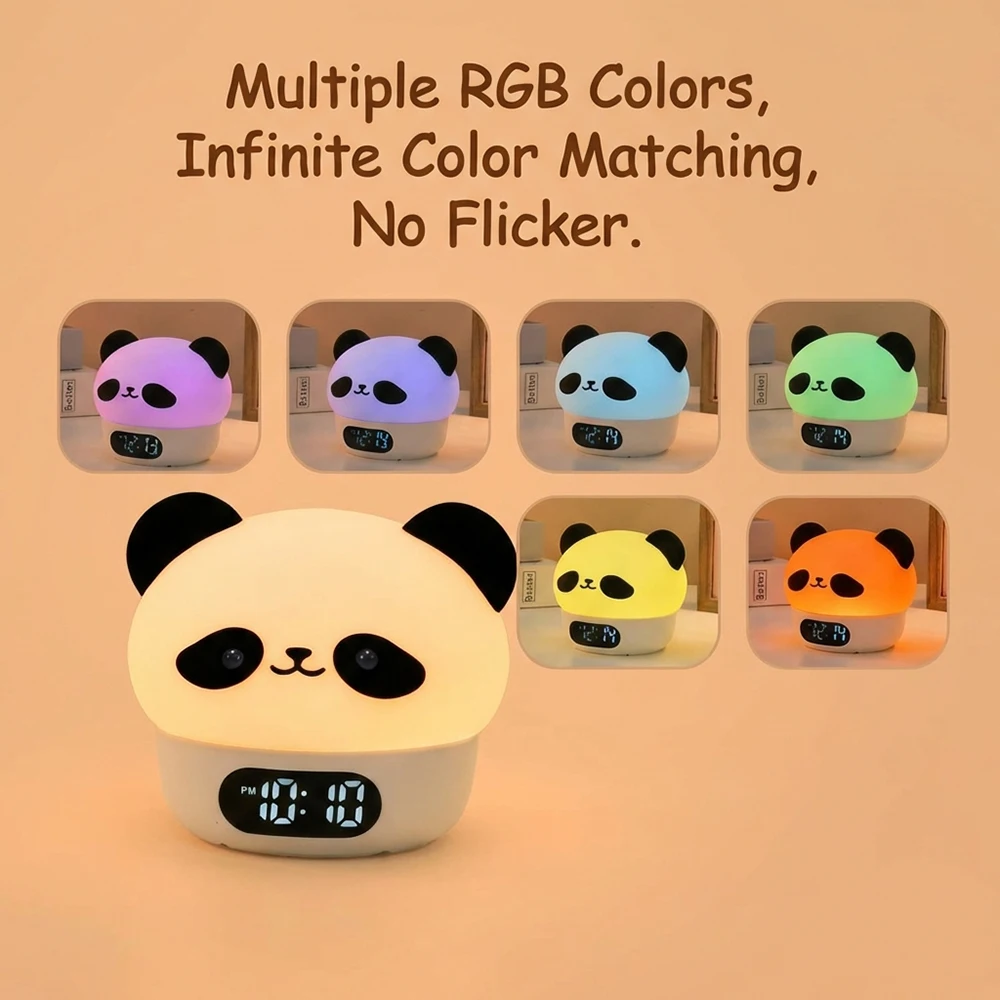 Cute Panda Digital Alarm Clock For Kids, Rechargeable Touch-sensitive Night Light With Color Changing Lamp Gift For Children