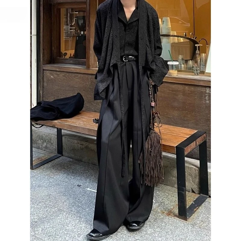 

Foufurieux Retro Japanese Pleated Niche Patchwork Design Wide Leg Pants Men's Summer New Floor Length Trousers Male Clothing