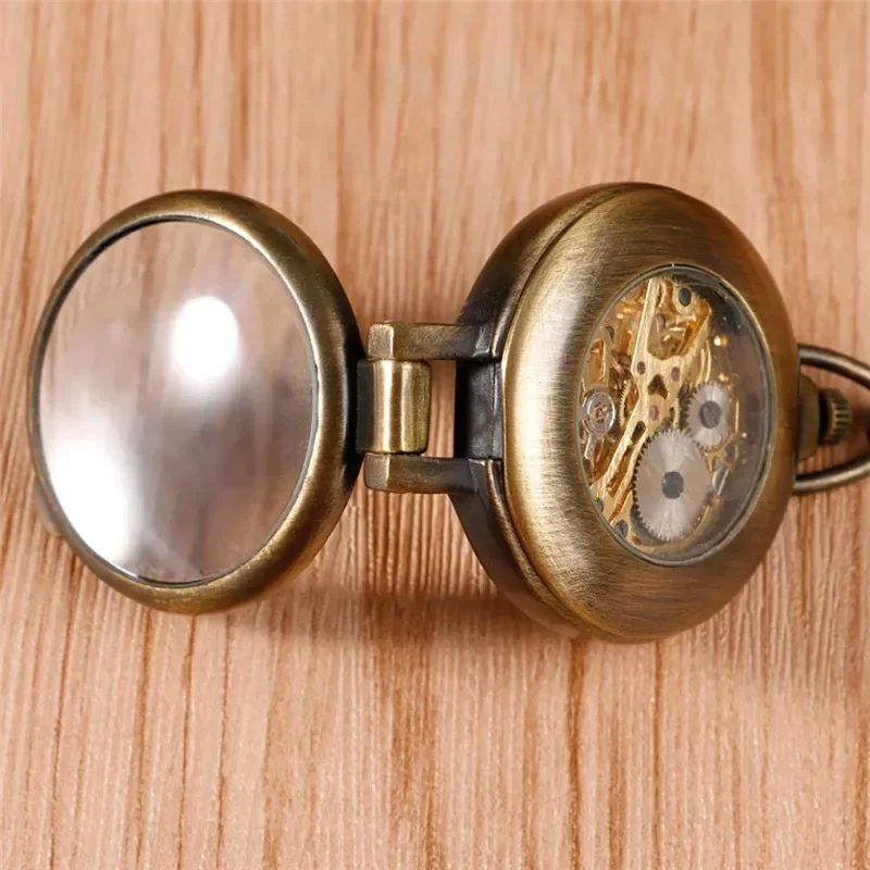 Vintage Bronze Men Women Skeleton Handwind Mechanical Pocket Watch Half Hunter Pendant Chain Roman Number FOB Clock Gift reloj