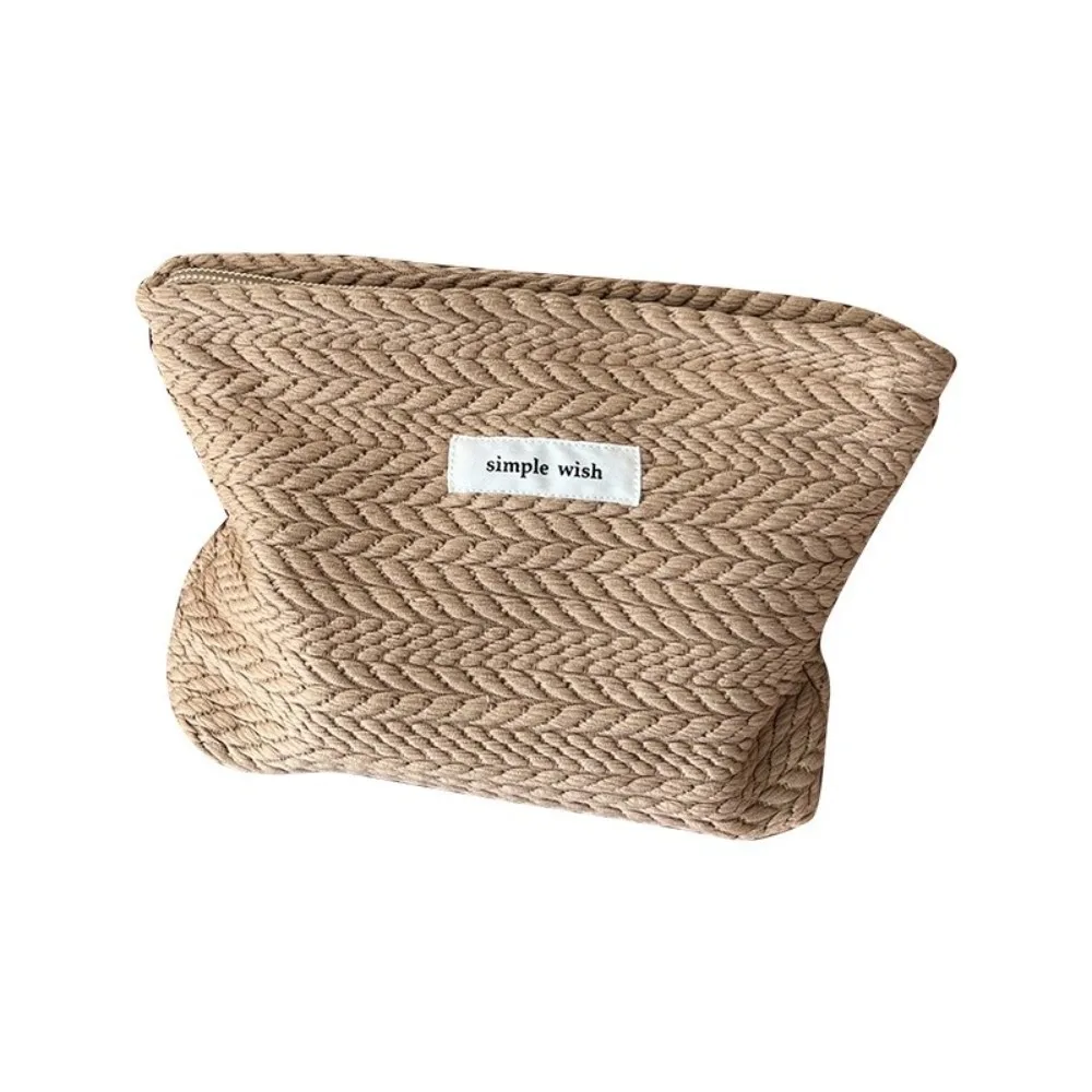 Portable Zipper Cosmetic Bags Woven Fabric Solid Color Makeup Bag Beige Coffee Small Organizer Travel