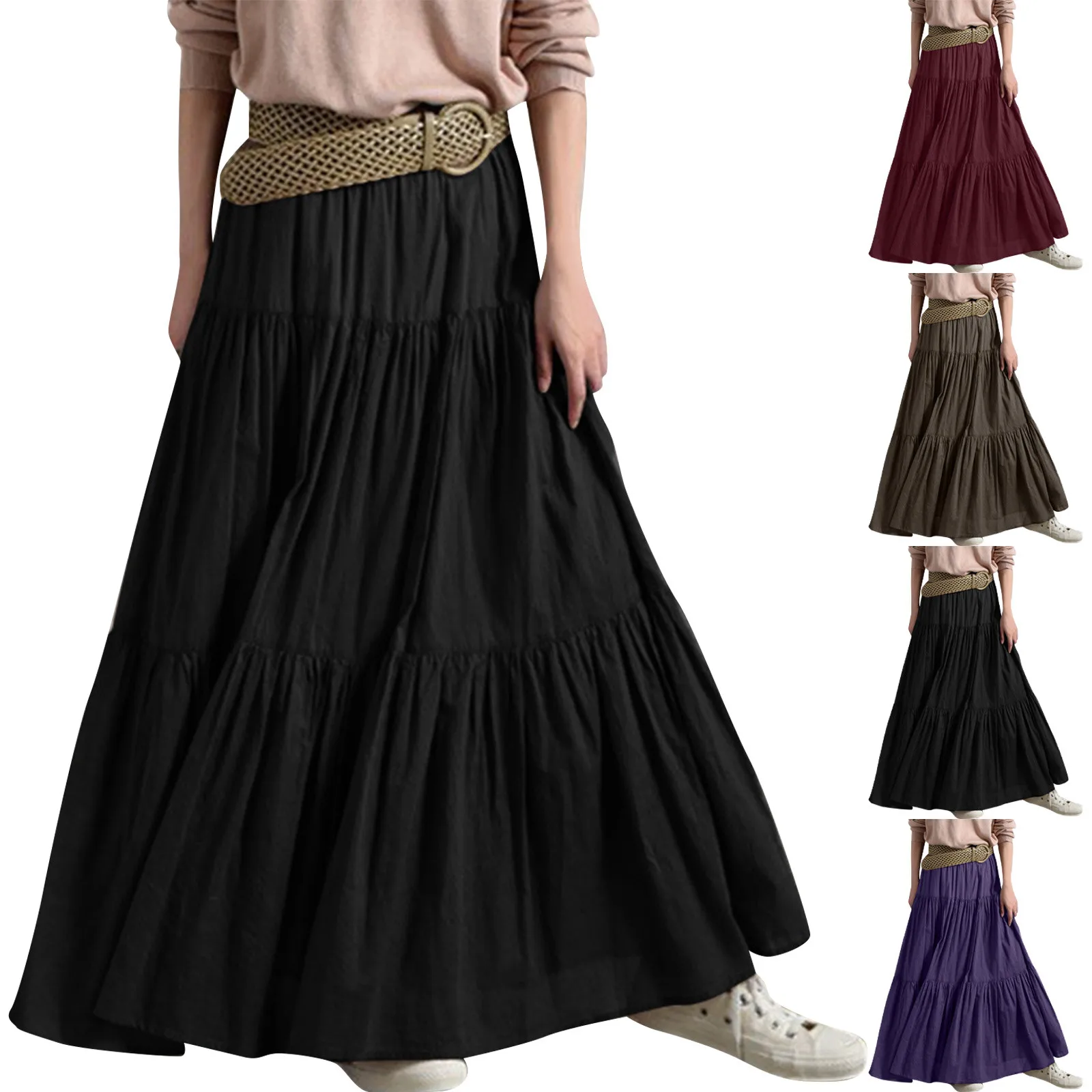 Women'S Ruffled Pleated Skirt Spring Autumn Casual Long Skirt Plain Color Trend Classic Retro Style Flowy A-Line Skirts