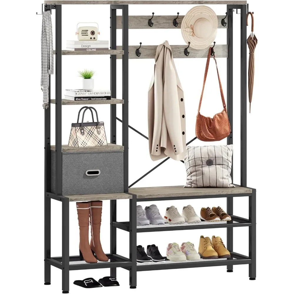 

Coat Rack, 5 in 1 Hall Tree with Shoe Bench, 5-Tier Shelves, Fabric Storage Basket, Sturdy Metal Frame