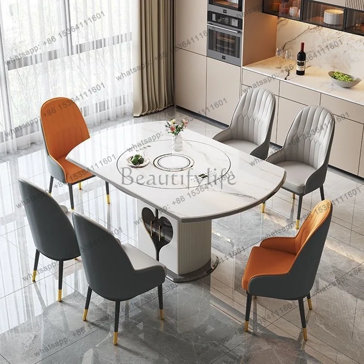 Light luxury slate square and round dining table for small household apartments with built-in induction cooker