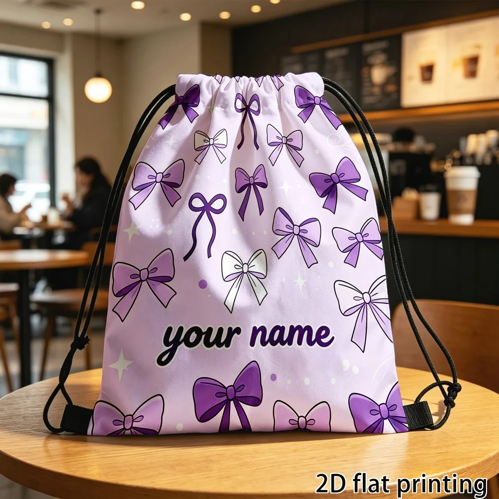 1Pc Custom Name/Text Purple Bow Pattern Drawstring Backpack, Lightweight Sports Bag, Gym Storage Bag, Outdoor Travel Rucksack