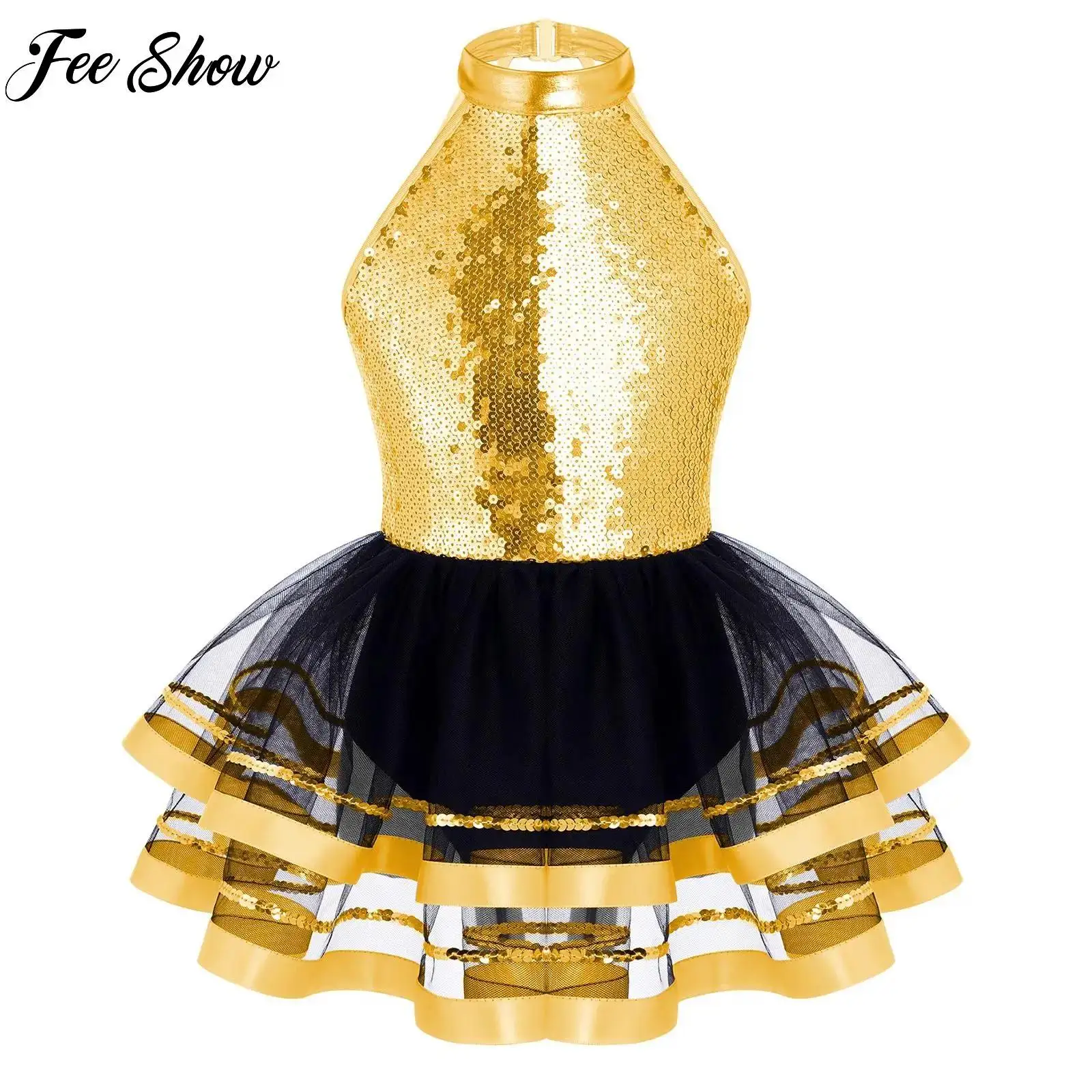 

Kids Girls Sleeveless Ballet Gymnastics Leotard Ballet Performance Dancewear Sparkling Sequins Tutu Mesh Dance Dress Dancewear