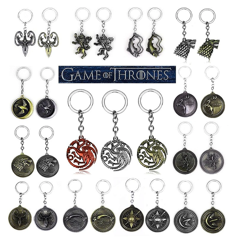 Thrones Key Chain Stark Wolf Head Dragon Badge KeyChain Pendant Keyring Jewelry Llaveros of Movie Gifts for Fan Collectible Gift