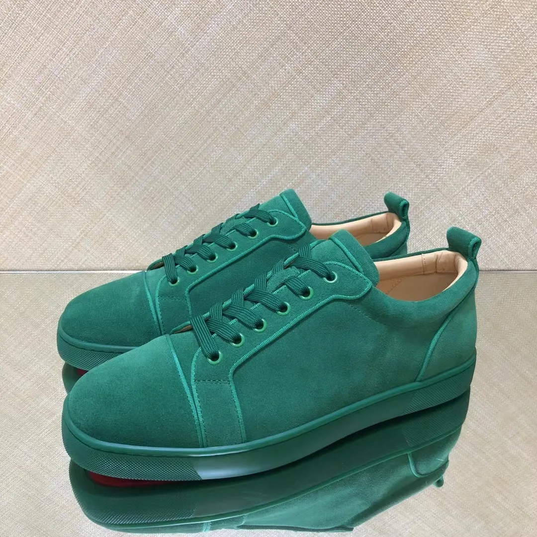 

Luxury men's shoes Green Suede cowhide low-top red bottom shoes crystal Lace Up women's shoes couple sports leisure skateboard