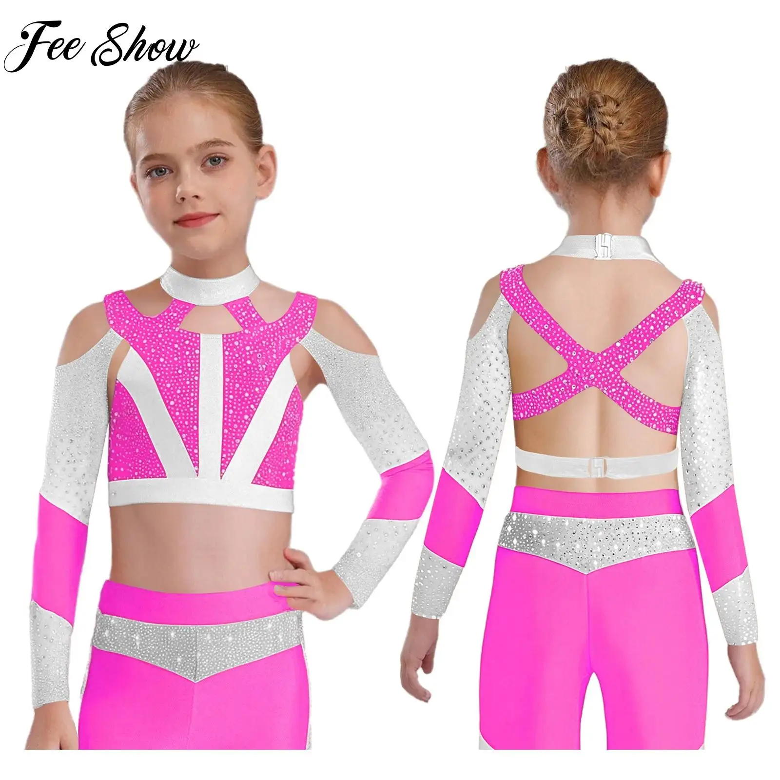 

Teens Girls Figure Ice Skating Dance Costume Long Sleeve Rhinestone Crop Top for Dance Party Ballet Gymnastics Performance Tops
